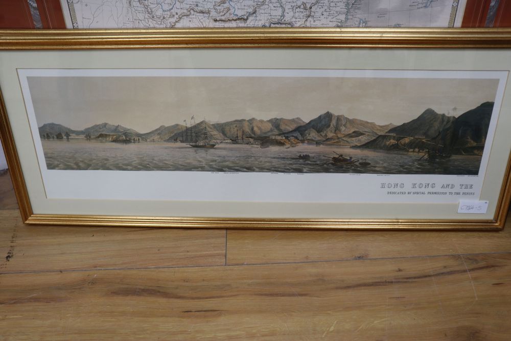 After Day & Son, pair of colour prints, View of Hong Kong and the Town of Victoria, overall 23 x 78cm and a map of China